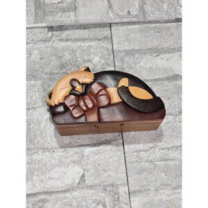 Carver Dan's Handcrafted Cat w/ Bow Puzzle Box Felt‎ Lined 6"